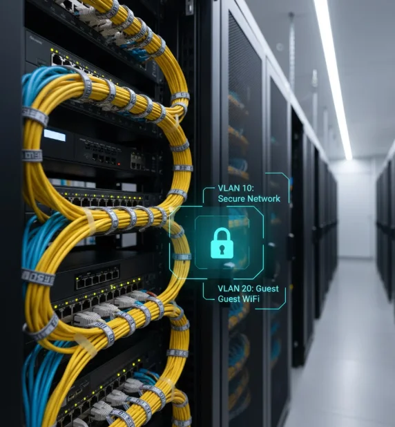 تجهیزات سوئیچ شبکه و رک سرور با کابلکشی منظم و نمایش گرافیکی تفکیک VLAN 10 و VLAN 20 برای امنیت شبکه.
